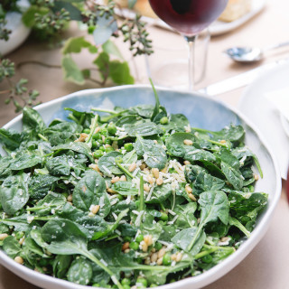 Spinach Salad with Pesto and Peas