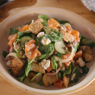 Spinach Salad with Smoked Salmon, Everything Bagel Croutons and Lemon-Caper