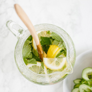 Spiralized Cucumber Spa Water with Mint and Lemon
