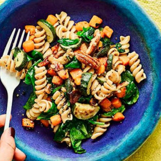 Squash and spinach fusilli with pecans