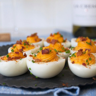 Sriracha Deviled Eggs with Crumbled Bacon