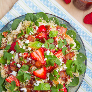 Strawberry BBQ Chicken Spinach and Quinoa Salad with Bacon, Avocado and Goa