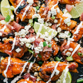 Sweet and Spicy Buffalo Wings with Creamy Blue Cheese Sauce and Bacon