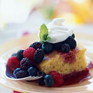 Sweet Corn Bread with Mixed Berries and Berry Coulis