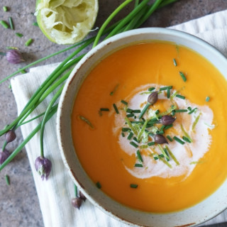 Sweet Potato and Lime Soup with Coconut and Chives