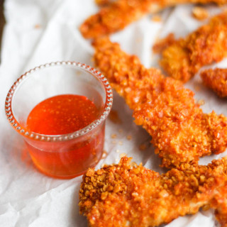 Sweet Potato Oven Baked Chicken Strips with Spicy Honey Drizzle