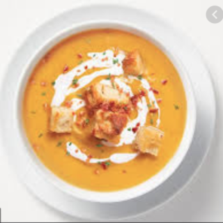 Sweet Potato-Parsnip Soup with Bacon Croutons