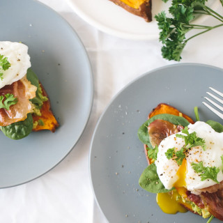 Sweet Potato "Toast" with Avocado, Spinach, Prosciutto and Poached Egg