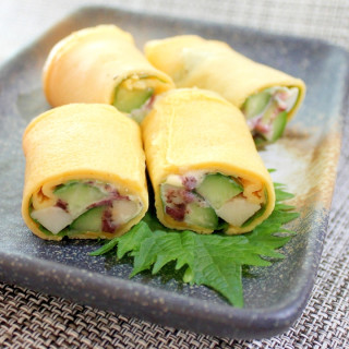 Tamagoyaki Stuffed with Cheese Fish Cake and Cucumbers (Japanese Omelette)