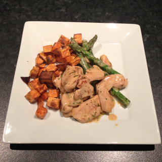 Tarragon Chicken with Sweet Potato Wedges and Asparagus Spears