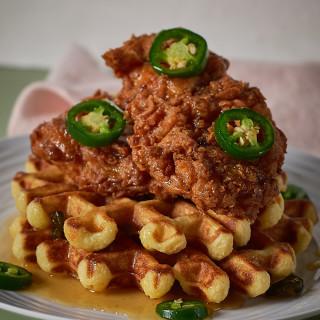 The Best Chicken &amp; Waffles Recipe with Jalapeno Honey Butter Sauce