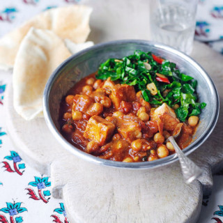 Tofu & chickpea curry with spring greens