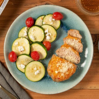 Tomato Parmesan Turkey Meatloaf with goat cheese zucchini