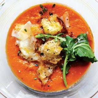 Tomato Soup with Arugula, Croutons, and Pecorino