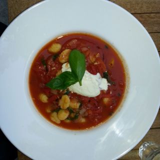 Tomato Soup with Grilled Vegetables and Mascarpone