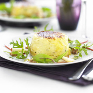 Twice-baked goat’s cheese soufflés with apple and walnut salad