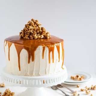 Vanilla Bean Cake with Bourbon Soaked Peach Compote and Spicy Caramel Popco