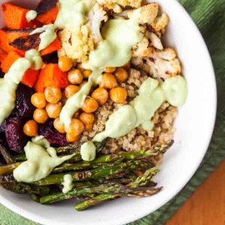 Vegan Quinoa Power Bowls with Roasted Veggies and Avocado Sauce {Gluten-Fre