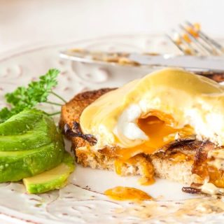 Vegetarian Eggs Benedict with Avocado Hollandaise and Mushroom "bacon"