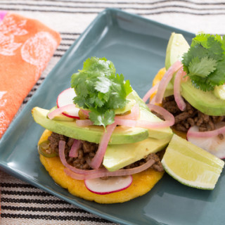 Venezuelan Beef Arepaswith Pickled Onion and Avocado