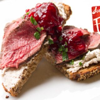 Venison on Grilled Bread with Hazelnut Crème Fraiche and Lingonberry Jam