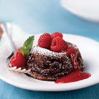 Warm Chocolate Soufflé Cakes with Raspberry Sauce