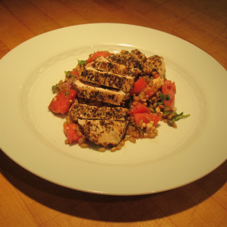 Warm Wheat Berry Tomato Basil Salad with Grilled Chicken