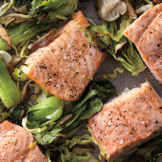 Wasabi Salmon with Bok Choy, Green Cabbage, and Shiitakes