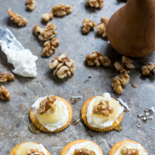Whipped Goat Cheese with Sliced Pears and Walnuts, Drizzled with Honey on R