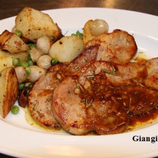 White Balsamic Pork CHops with Roasted Potatoes and Peas