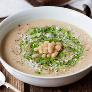 White bean soup with parmesan and pesto