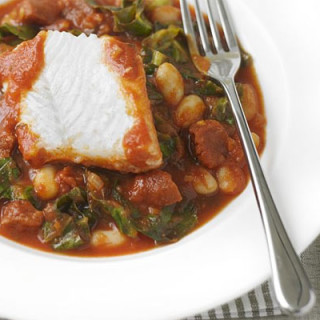 White fish with spicy beans and chorizo