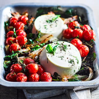 Whole baked ricotta with lentils and roasted cherry tomatoes