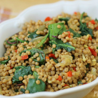 Whole Wheat Pearl Couscous Recipe with Red Peppers, Onion and Spinach