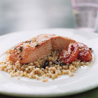 Wild Salmon with Pearl Couscous, Slow-Roasted Tomatoes, and Lemon Oregano O
