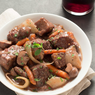 Wine-Simmered Beef Stew with Carrots, Mushrooms, and Sweet Onions