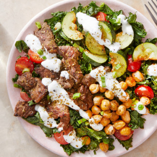 Za’atar Beef &amp; Kale Salad with Crispy Chickpeas &amp; Yogurt Dressing