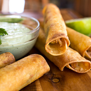 Zesty Chili-Lime Chicken Taquitos with Jack Cheese and Roasted Corn, with C