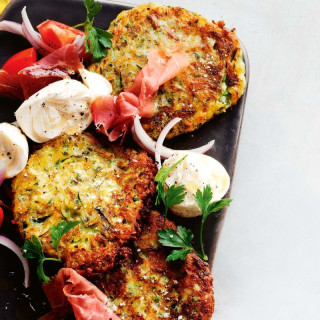 Zucchini fritters with prosciutto and bocconcini salad