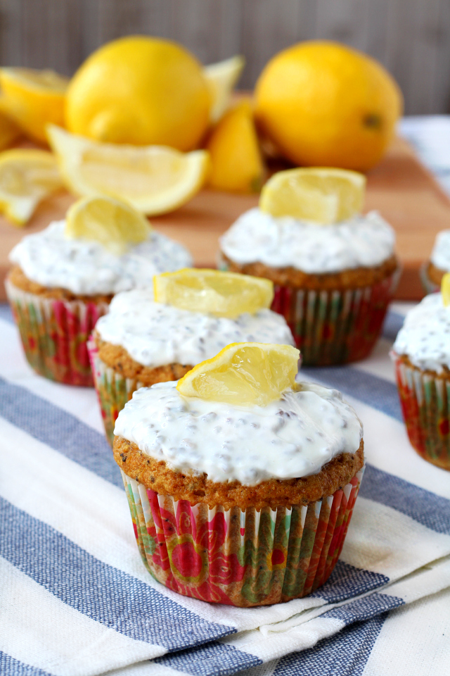 Lemon Poppy Seed Muffins with Greek Yogurt Frosting