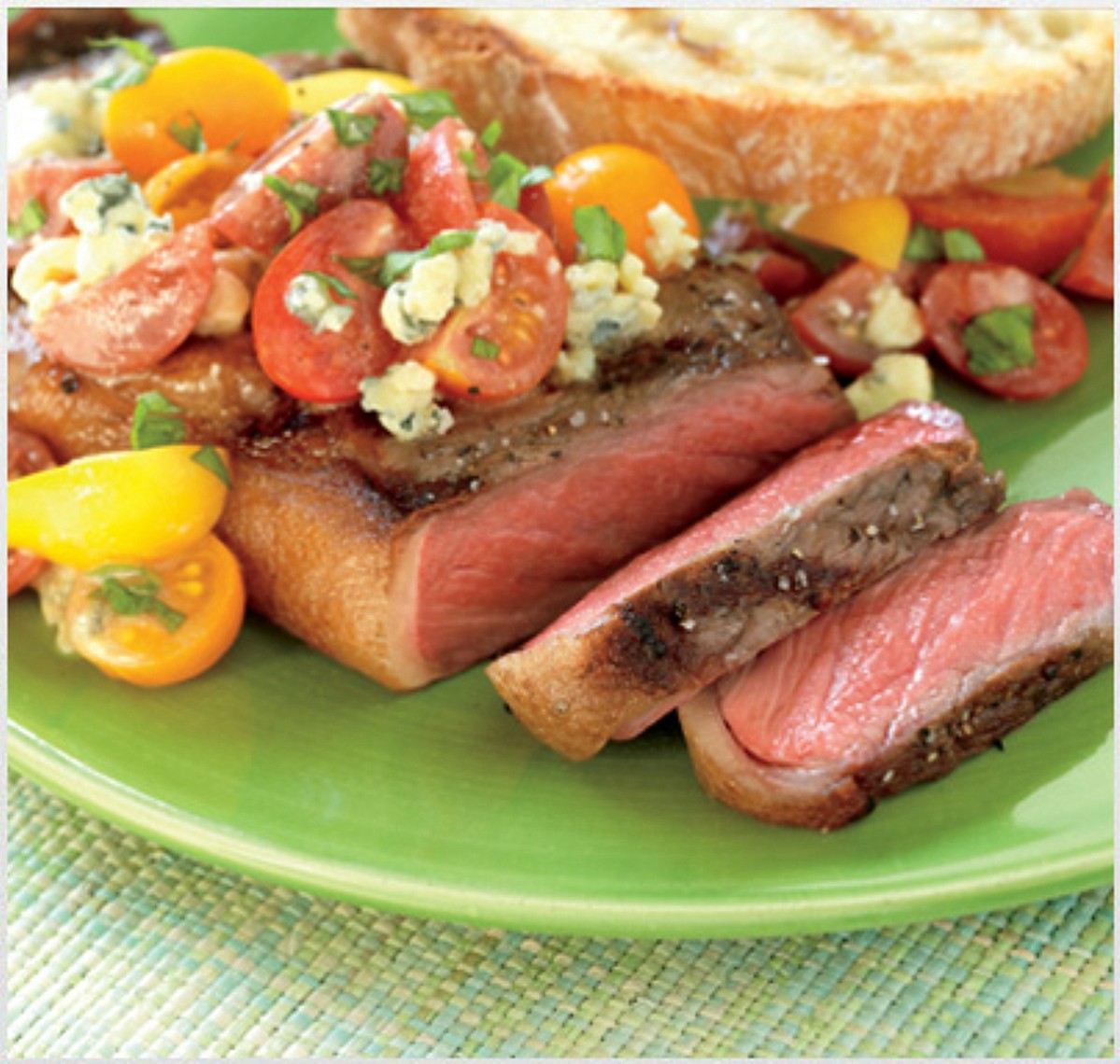 Strip Steaks with Tomato and Blue Cheese Vinaigrette BigOven