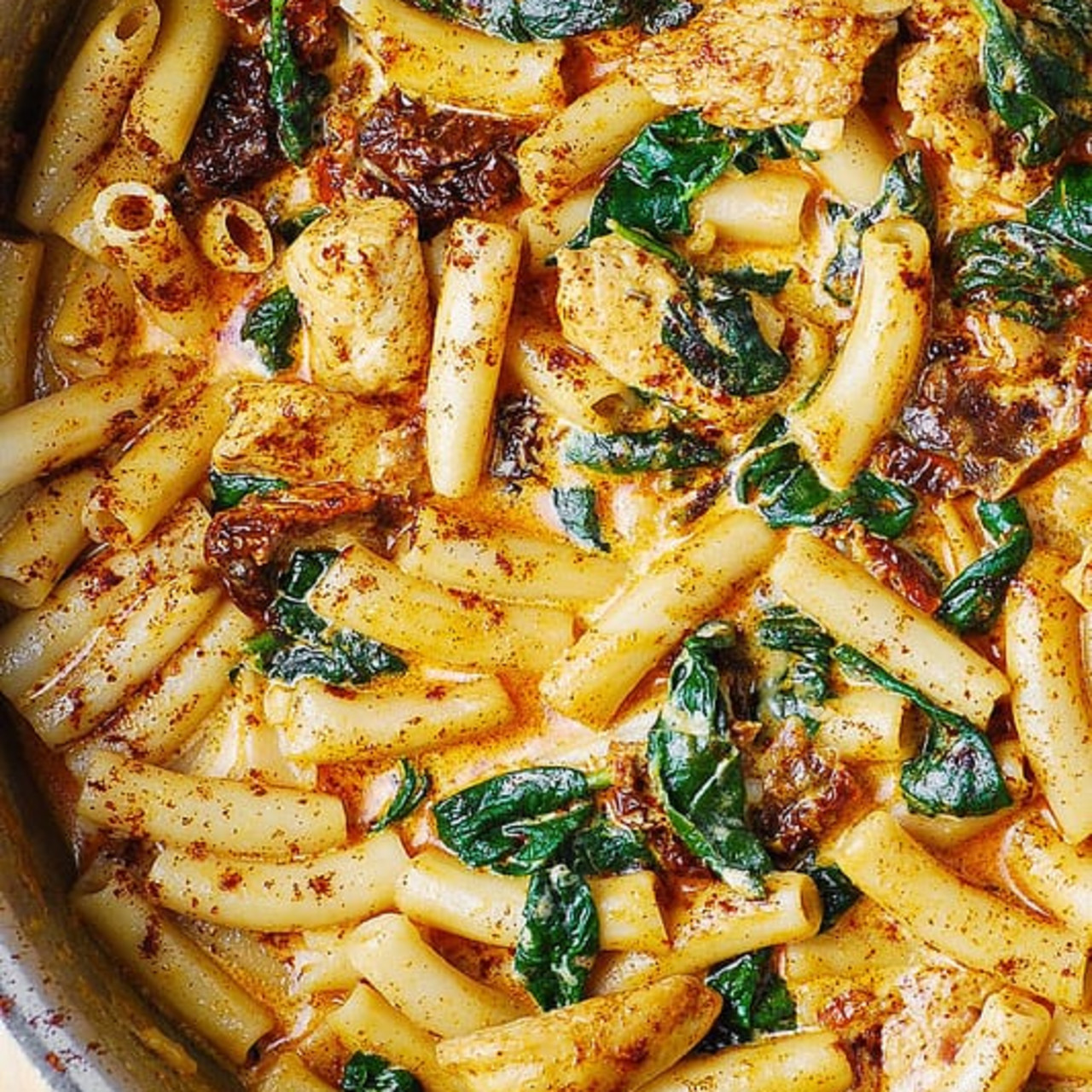 Asiago Chicken Pasta with SunDried Tomatoes and Spinach