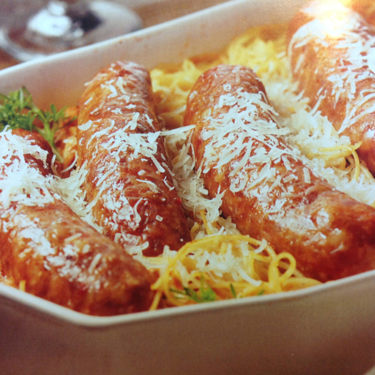 Baked Angel Hair Pasta with Sausage and Smooth Tomato and