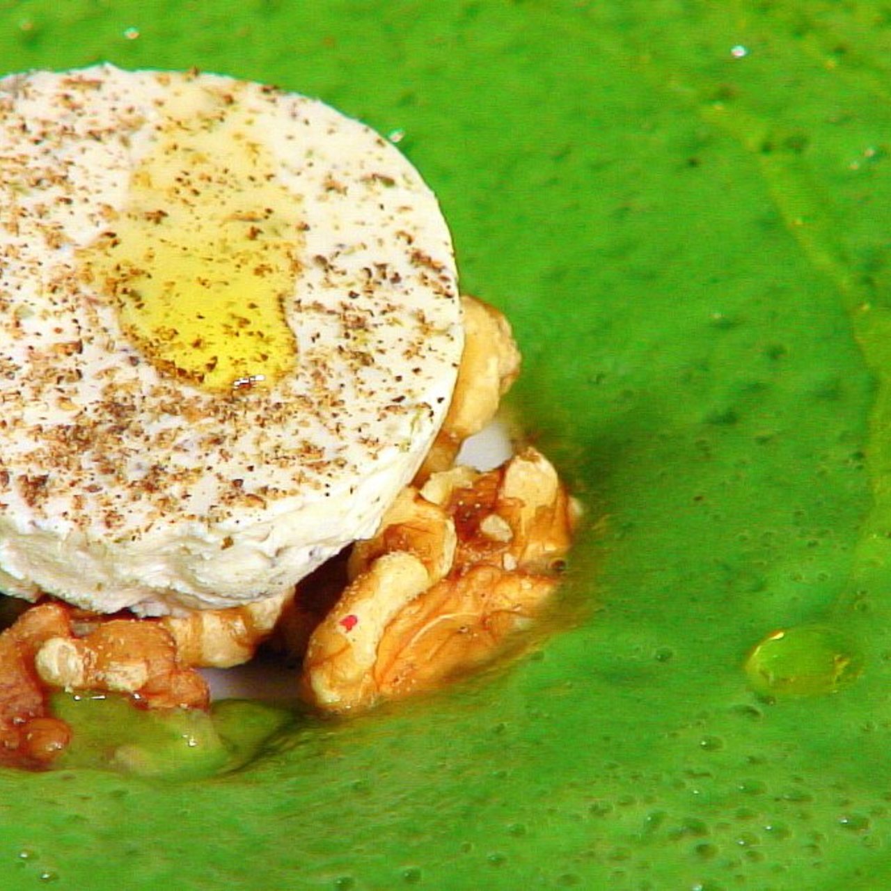 Broccoli Soup w/ Herbed Goat Cheese & Toasted Walnuts