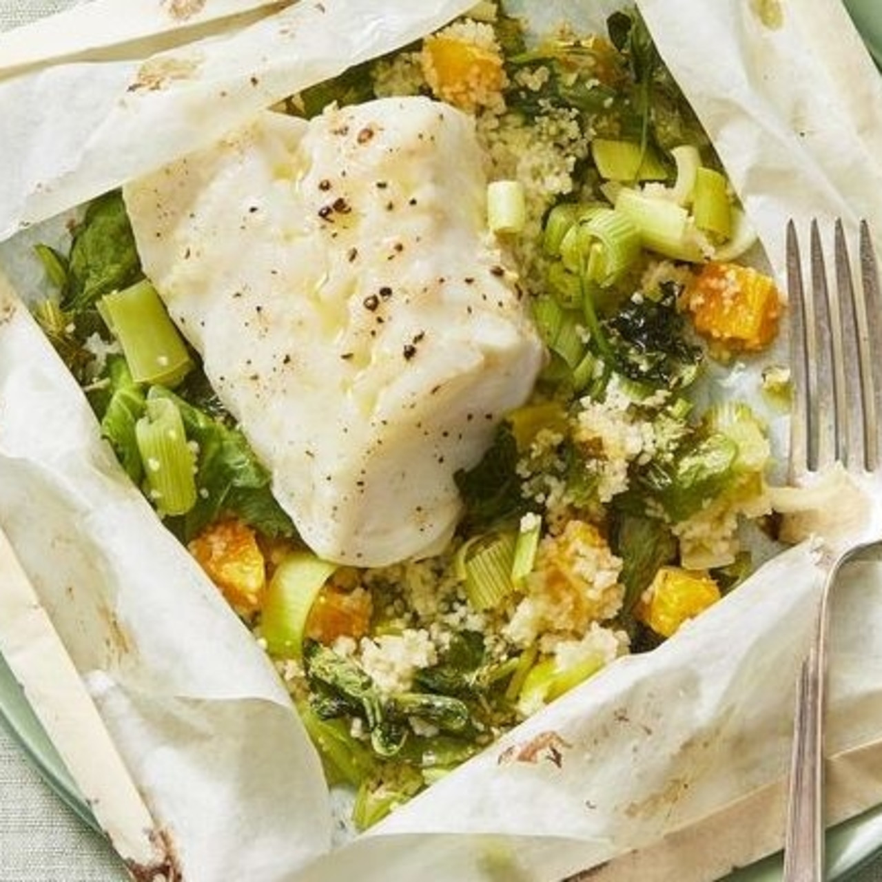 Cod in Parchment With OrangeandLeek Couscous