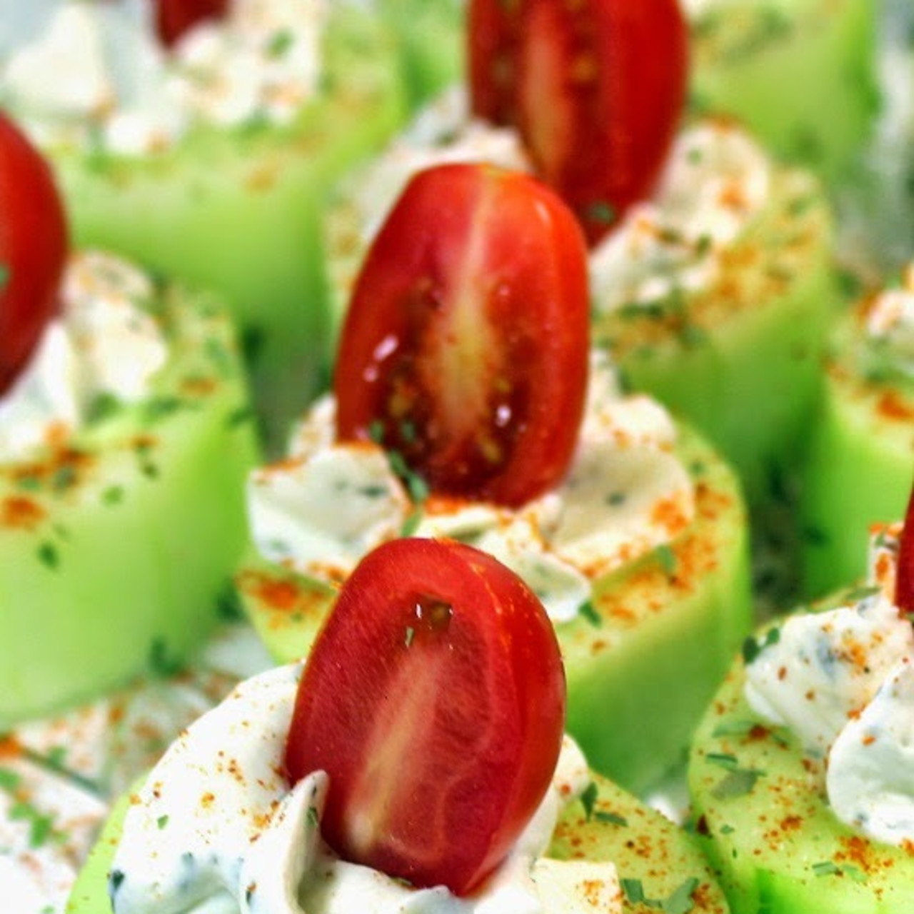 Cucumber Bites With Herb Cream Cheese And Cherry Tomatoes