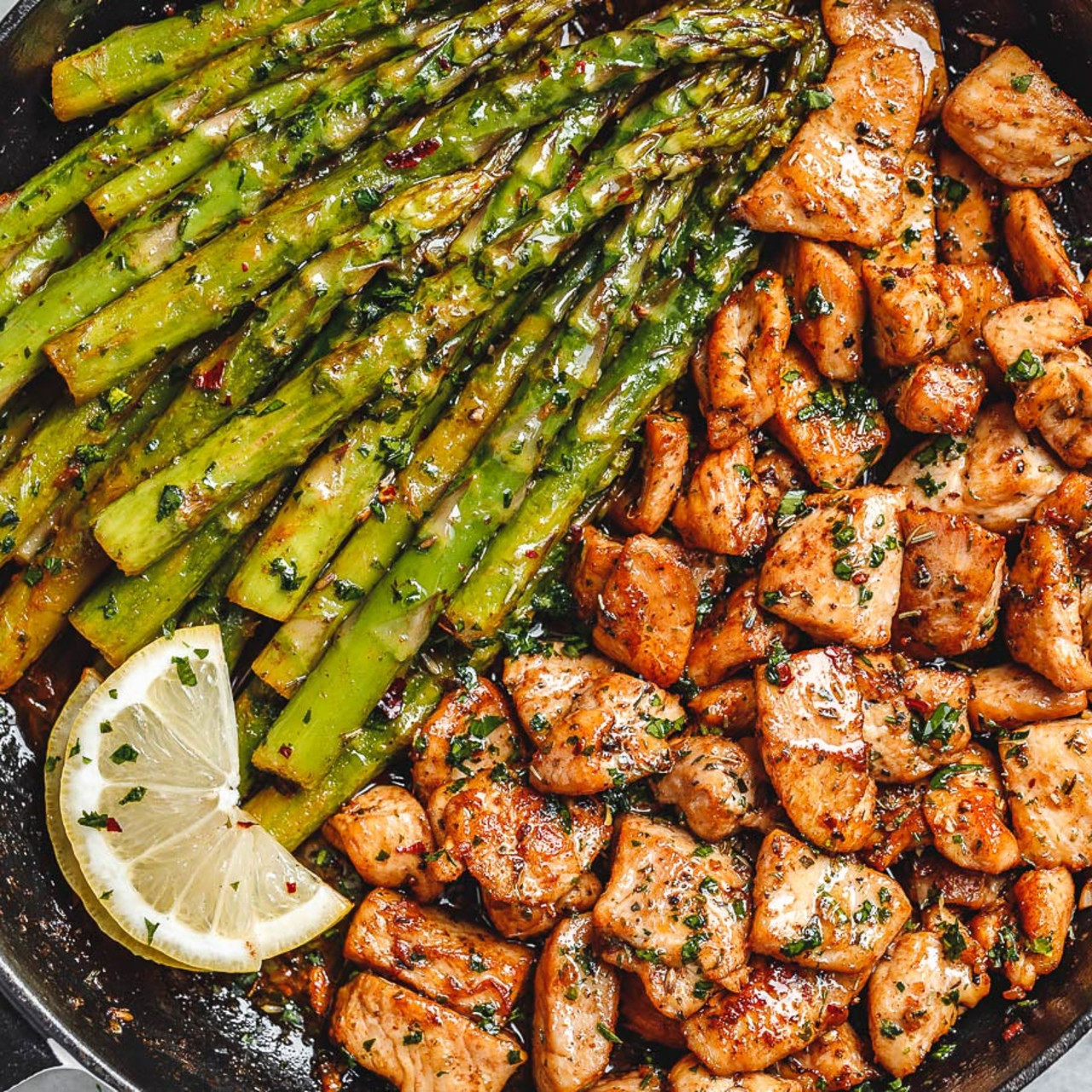 Garlic Butter Chicken Bites with Lemon Asparagus