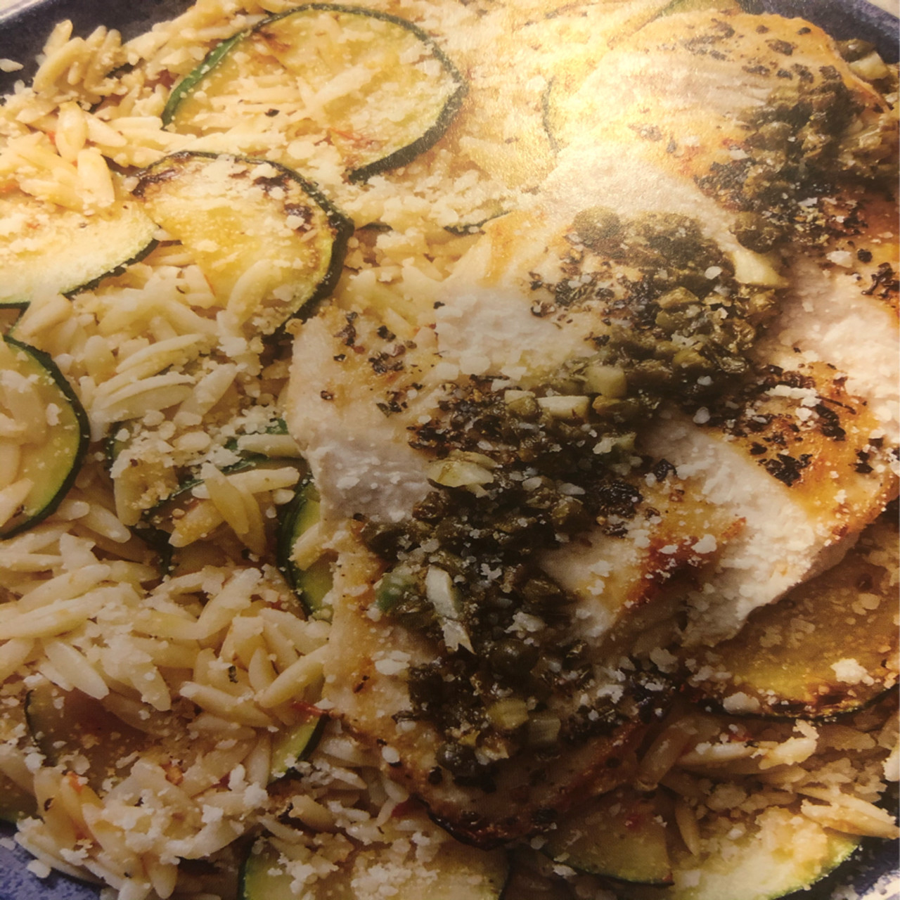 GarlicCaper Chicken with Creamy Calabrian Zucchini & Orzo