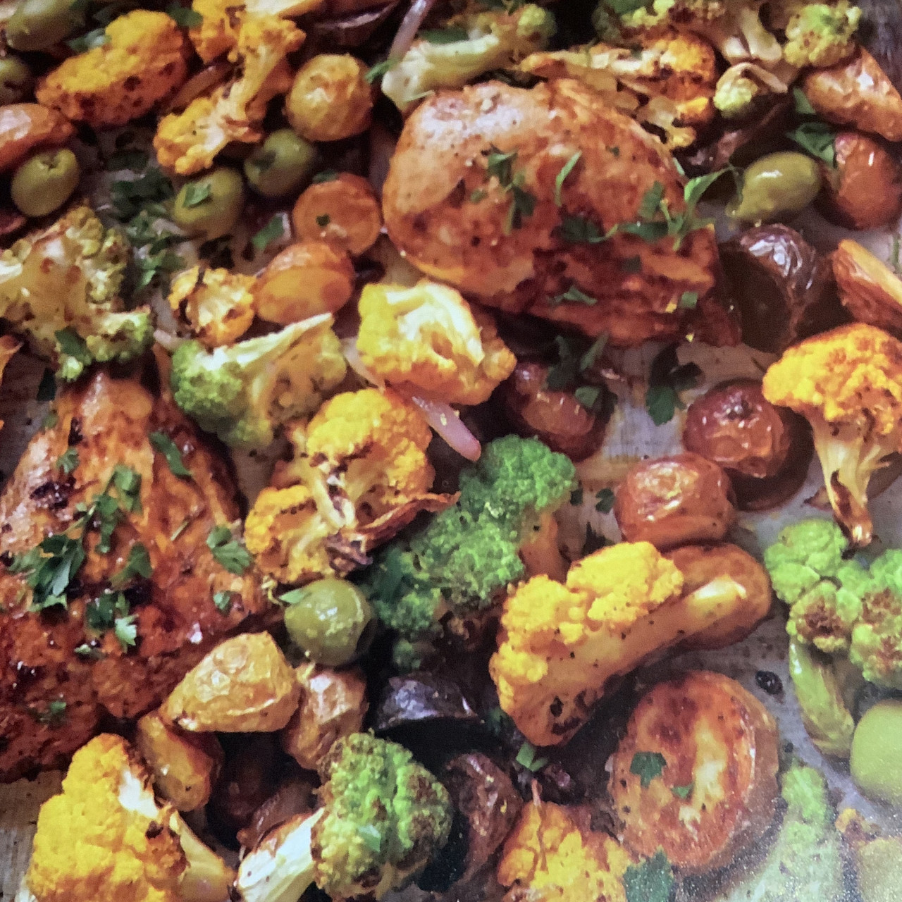 Garlicthyme chicken with cauliflower, potatoes, & olives