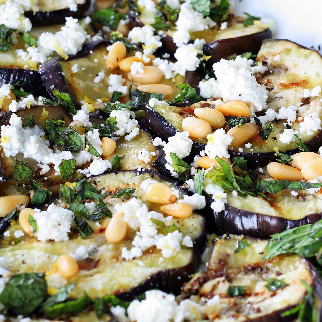 Grilled Eggplant Salad with Feta, Pine Nuts & Garlicky Yogurt Dressing